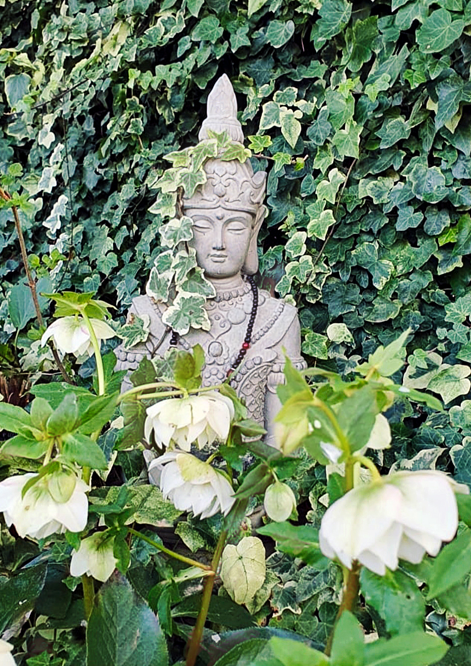 Statue de Bouddha dans un jardin fleuri, entourée de lierre.