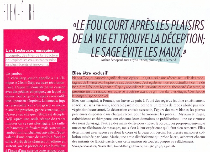Extrait d’un article du magazine edelweiss consacré au centre de bien-être Nanda Devi à Founex, mettant en lumière l’accueil authentique et l’ambiance apaisante de ce lieu inspiré de l’Himalaya.
