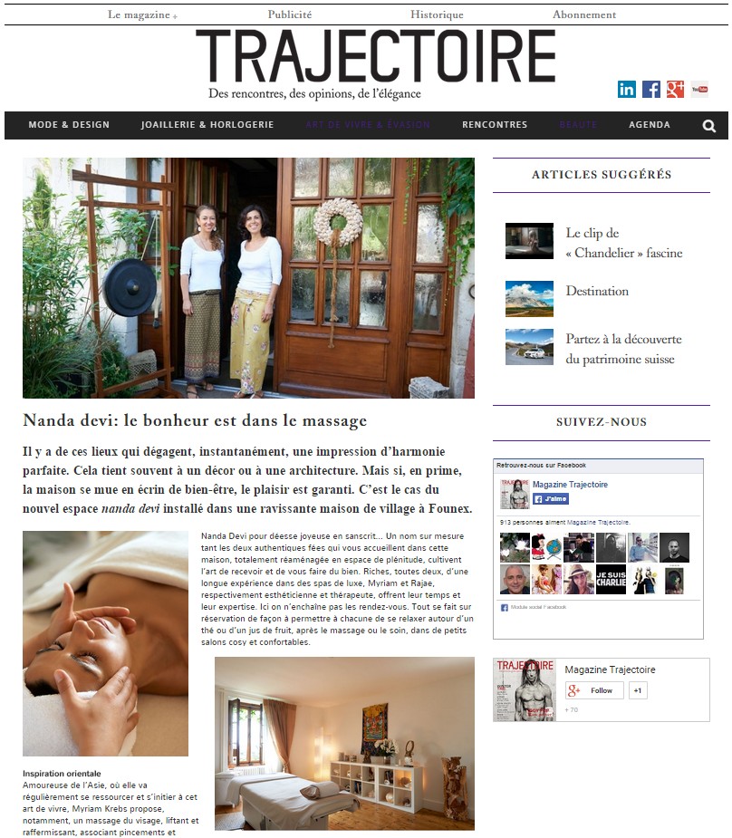 Article du magazine Trajectoire consacré à l’institut de beauté Nanda Devi, avec en photo deux praticiennes devant l’entrée fleurie du centre, situé dans une maison de village à Founex.